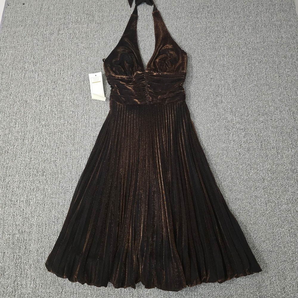 Vtg Cache Brown Metallic Pleated‎ Halter Babydoll Dress Ruched Cocktail Womens 2